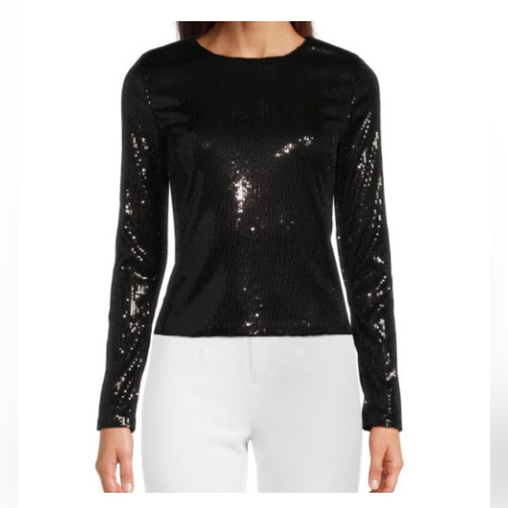 L'AGENCE Black Sequin Long-Sleeve Crewneck Top